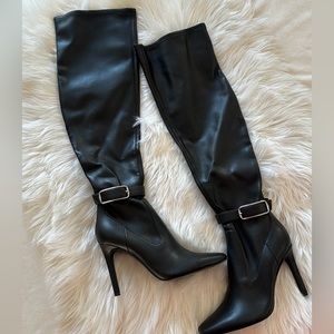 Marc Fisher Black Leather Knee High Stiletto Heel Zip Up Boots
